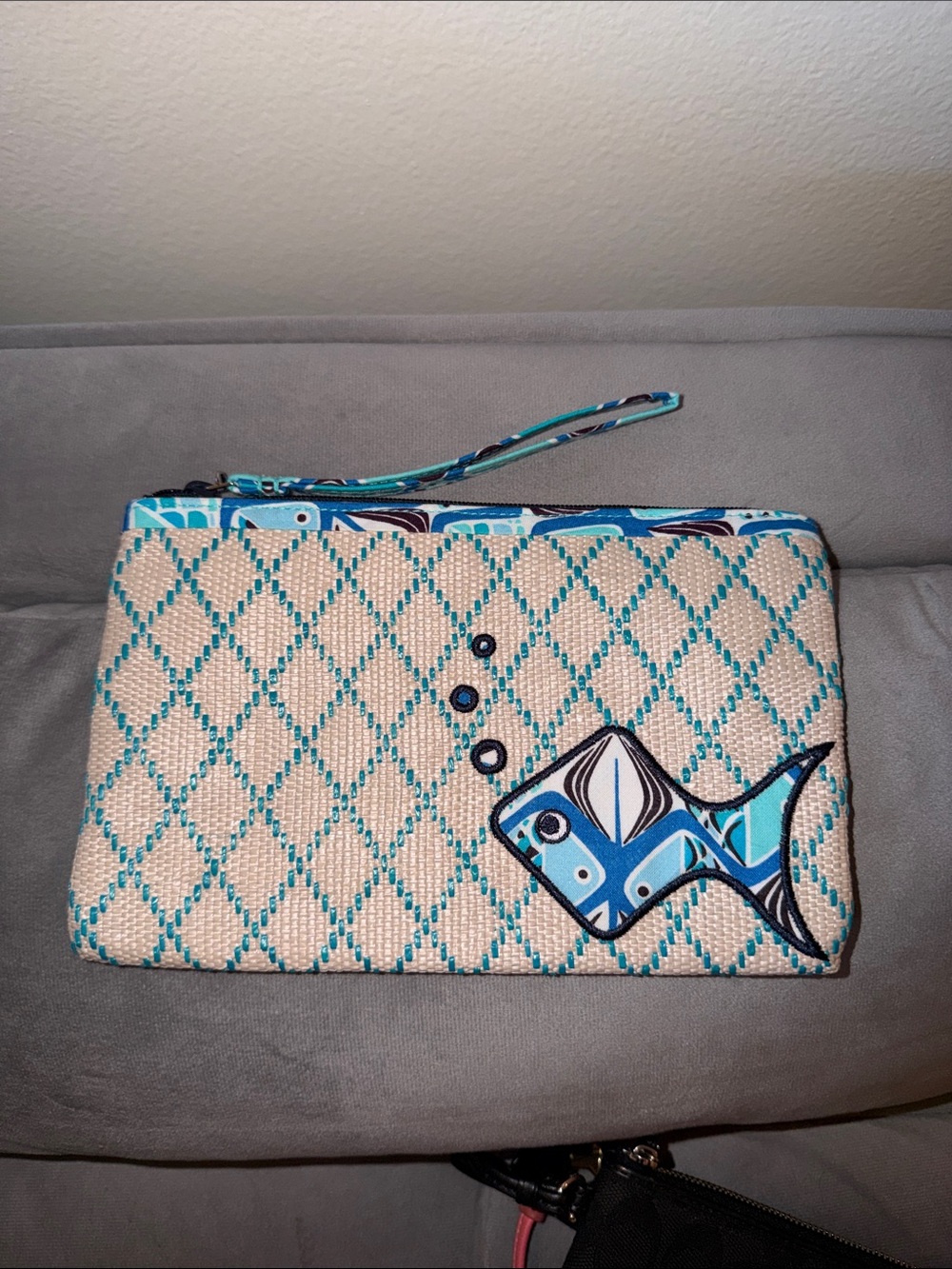 Vera Bradley Woven Teal Diamond Clutch with Blue Fish Motif